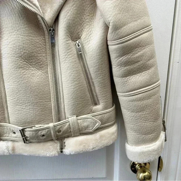 Topshop Cora Faux Shearling Moto Aviator Biker Jacket Cream Ecru Size 4 NWOT - Picture 8 of 16